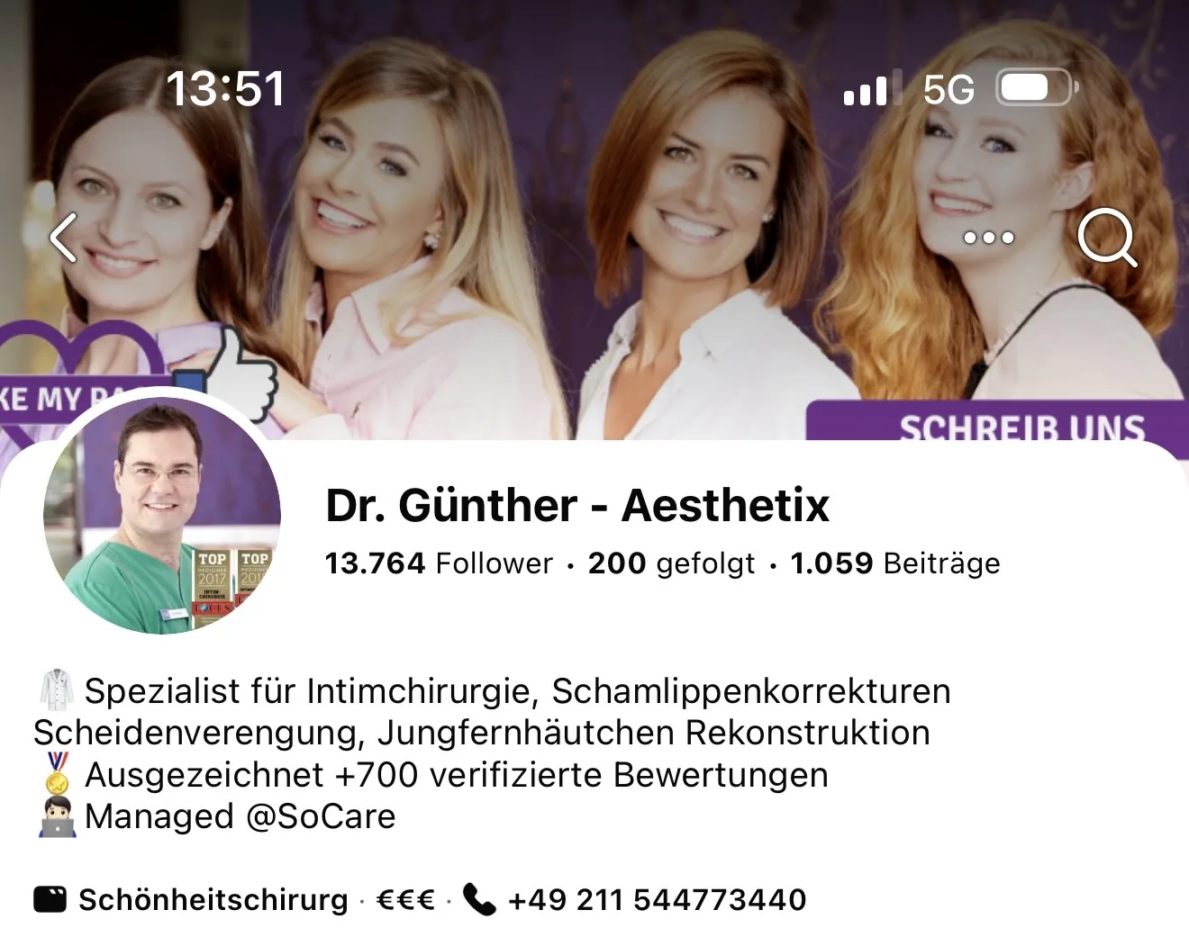 Facebook-Seite Dr. Günther - Aesthetix Düsseldorf, Spezialist für Intimchirurgie
